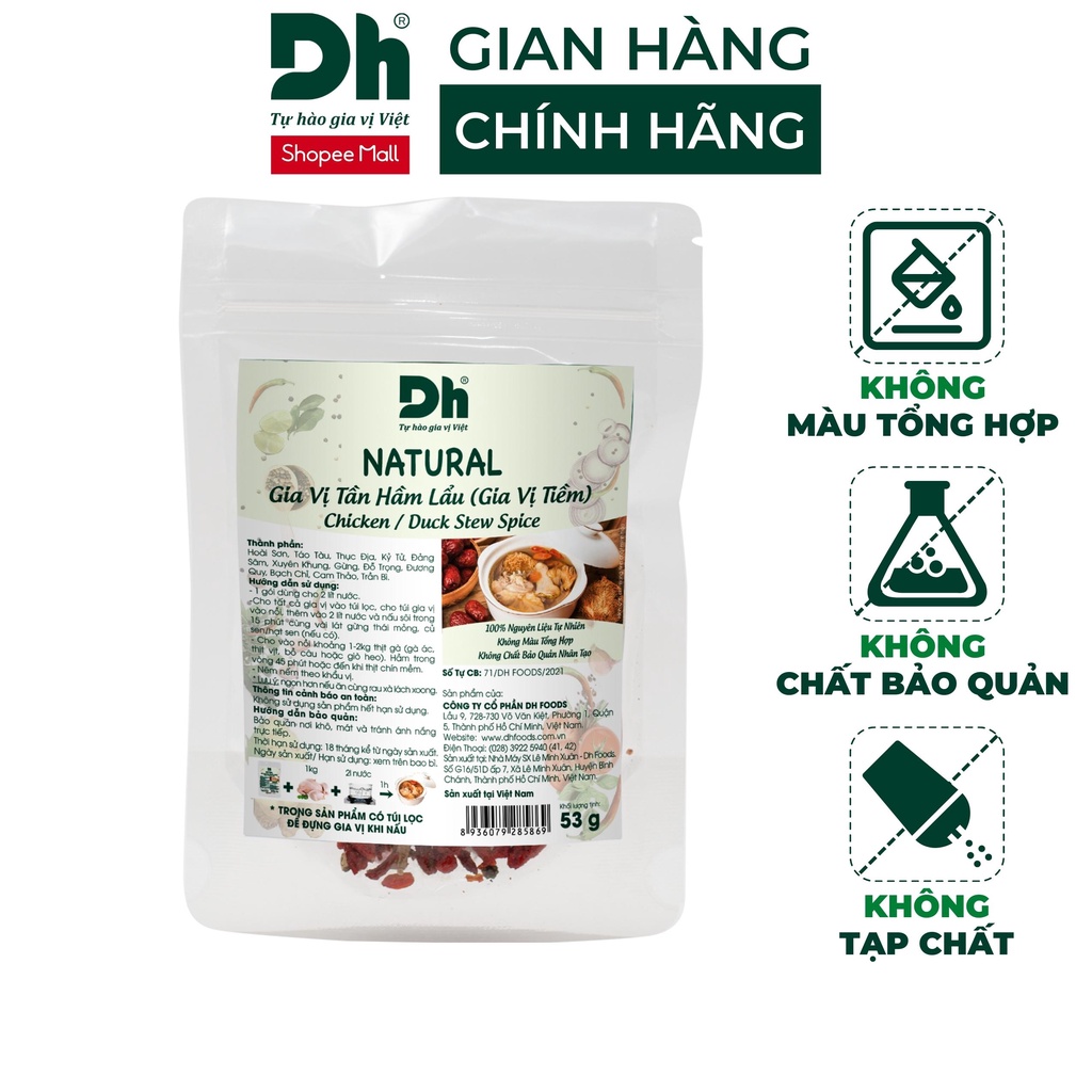 Gia vị tần hầm lẩu (tiềm) Natural DH Foods nêm sẵn thành phần tự nhiên gói 53gr - DHGVT98