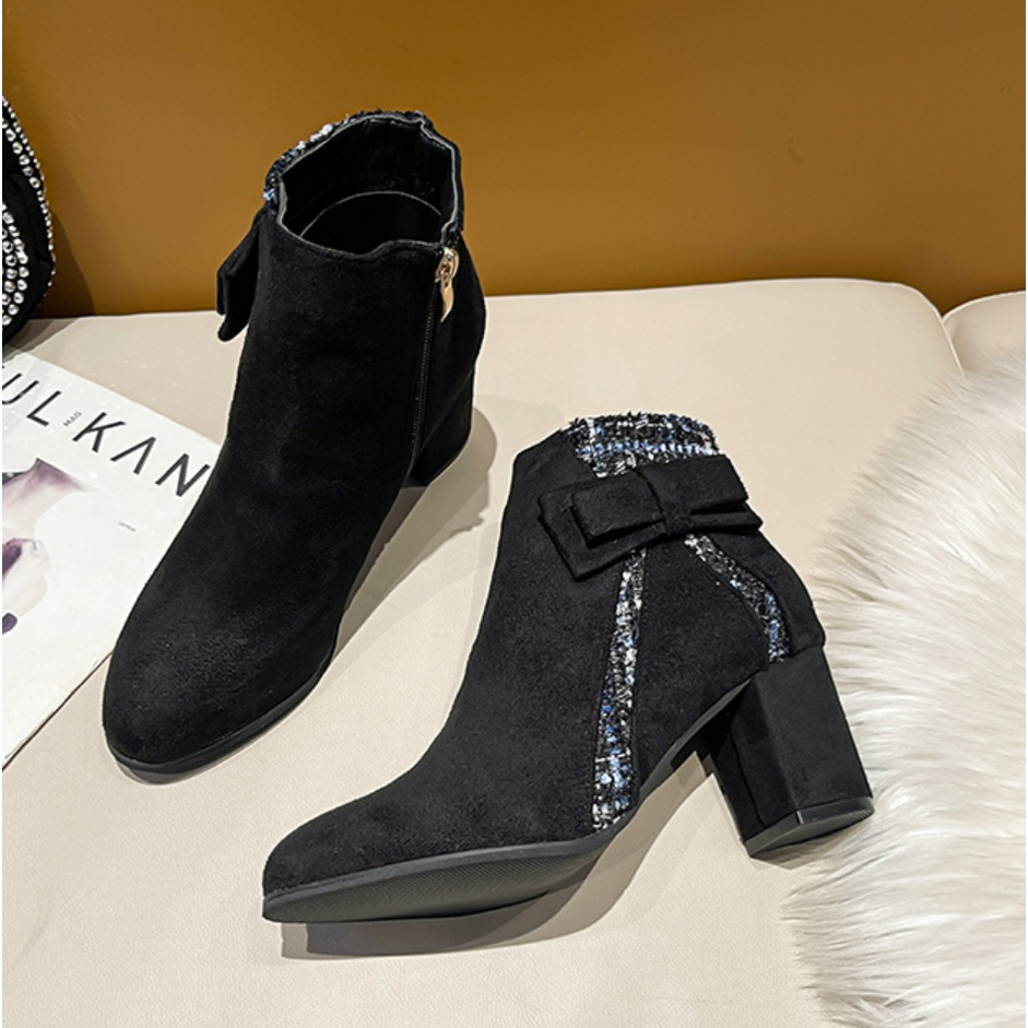 Boot Nữ Cao Gót 6 Phân Đính Nơ Kéo Khoá Mũi Tròn Phong Cách Hàn Quốc