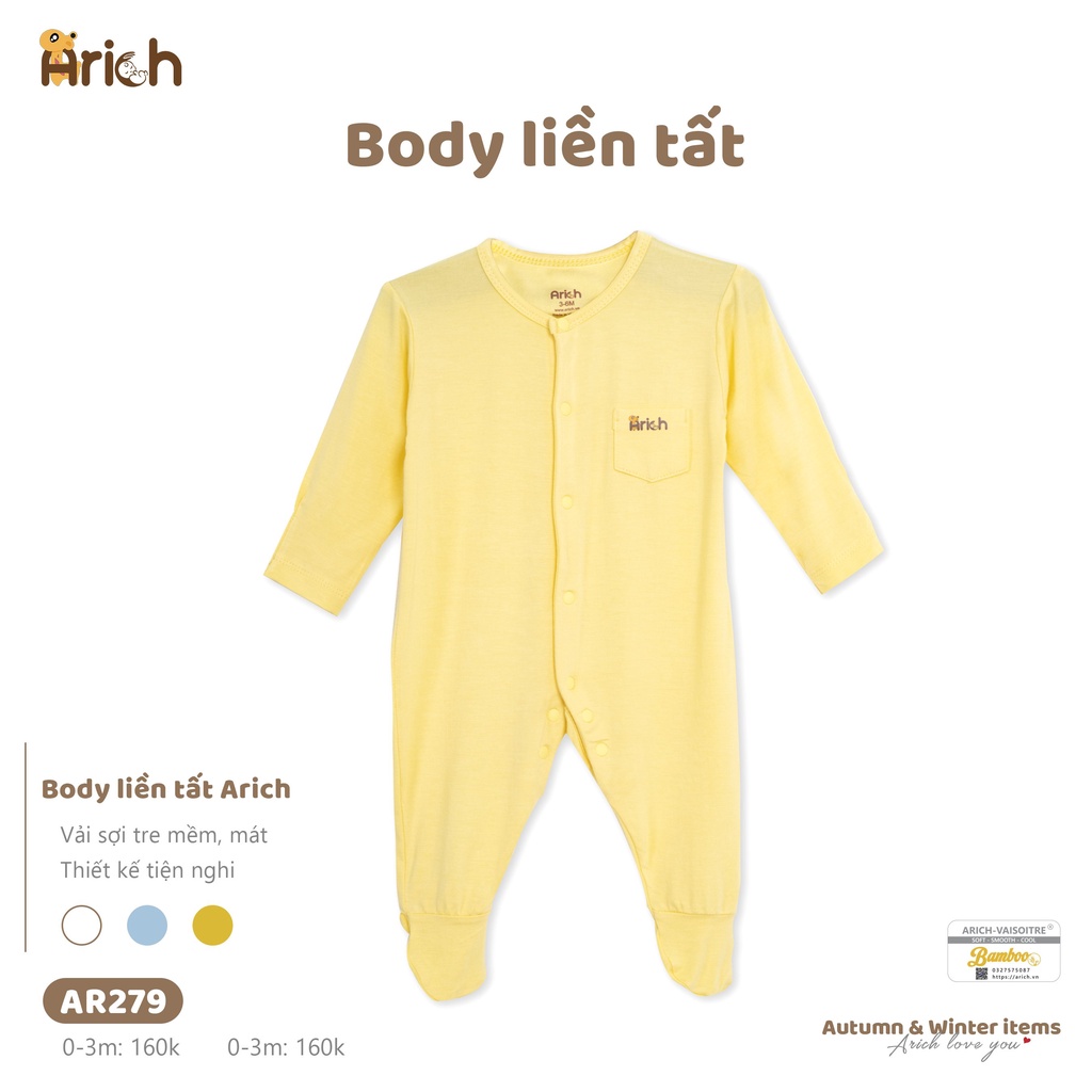 Newborn- 6 tháng, Body dài liền thân có tất vải sợi tre Arich