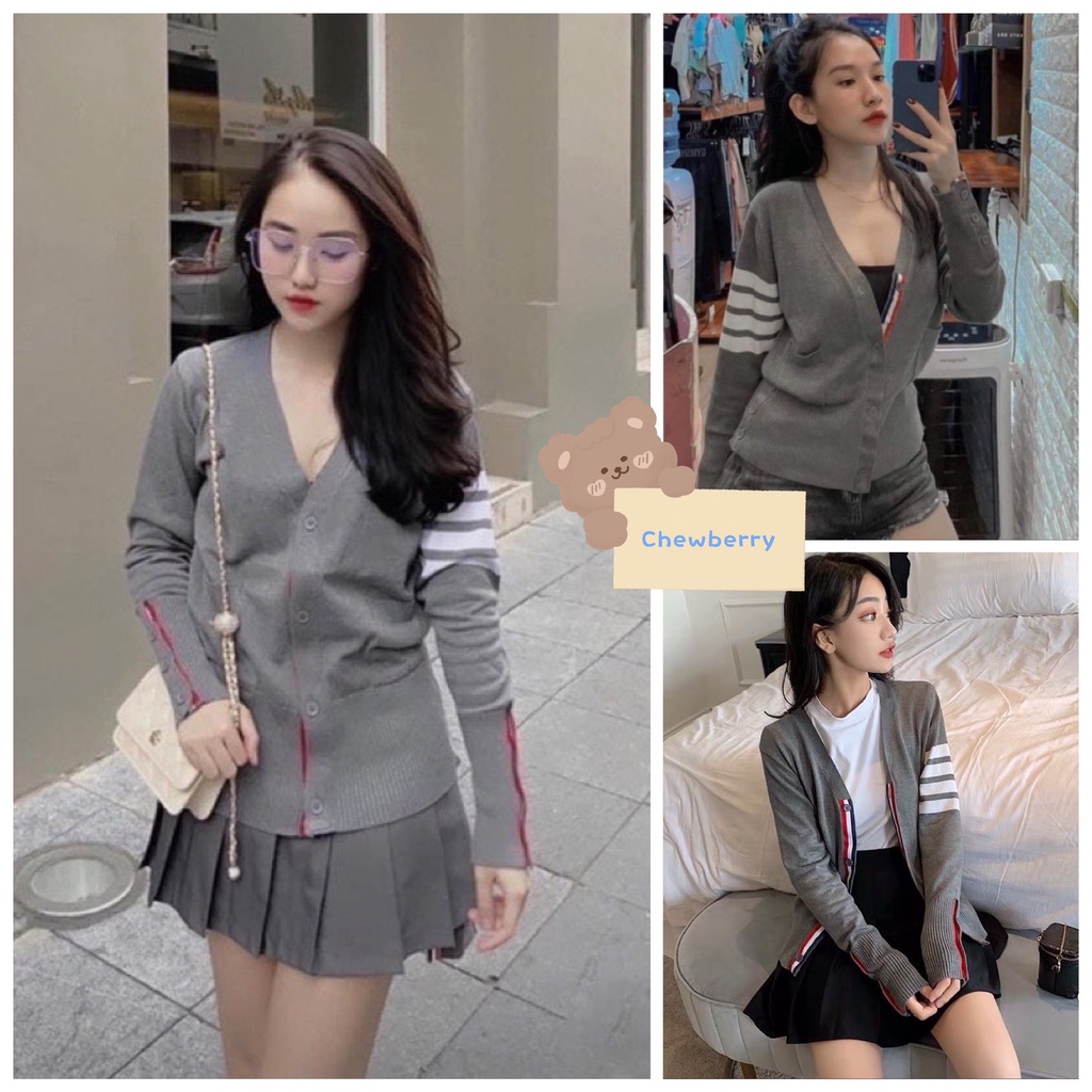 Áo Khoác len tăm, Cardigan Xám Sọc Viền Đỏ & Xanh Cúc Cài Form Nữ Bó (thomb New) | BigBuy360 - bigbuy360.vn