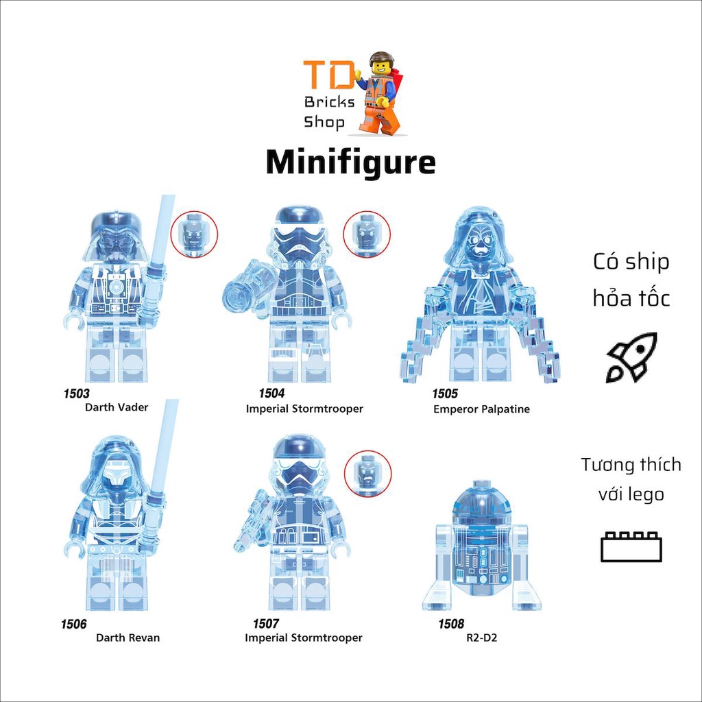 Minifigures, đồ chơi lắp ráp nhân vật trong phim Star War, mô hình hàng mới 100% của XINH, xanh trong suốt mã X0287