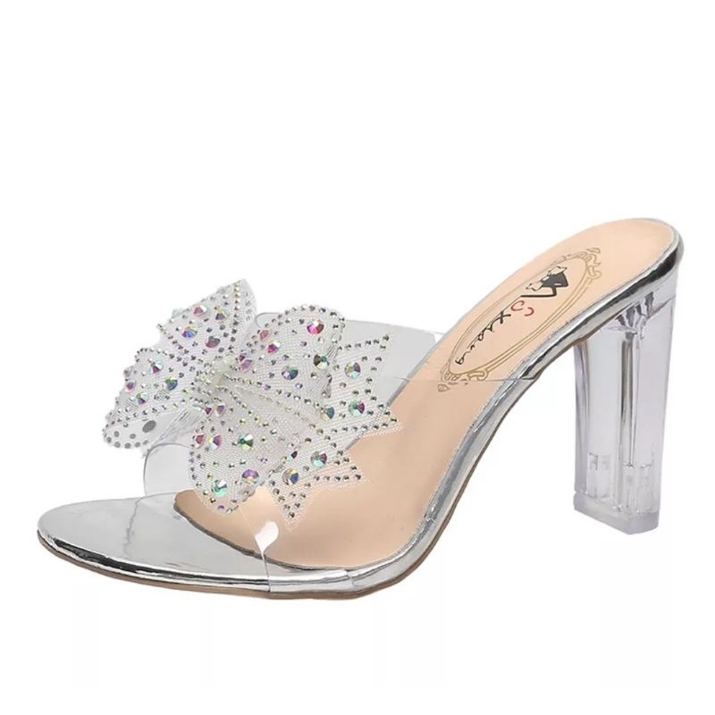 Dép cao gót đế trong meca quai nơ hột cao cấp