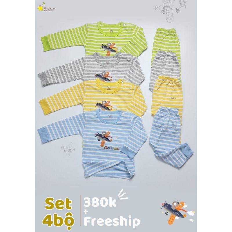 Bộ dài tay kẻ sọc Astar/Nus chất cotton tre siêu mềm mát co giãn cho bé