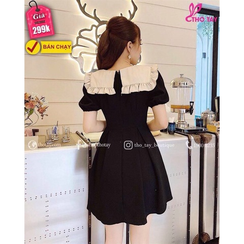 [11.11 Sale Freeship] Đầm tiểu thư sang chảnh,đầm màu đen xếp ly phối cổ bèo thắt nơ tay ngắn phong cách thời trang mtb