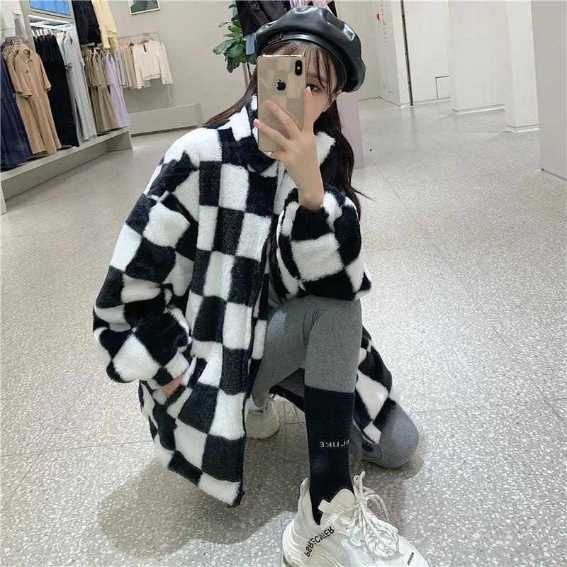 Áo Khoác Lông Cừu Dáng Rộng Sọc Ca Rô Đen Trắng Thời Trang Mùa Đông Ấm Áp