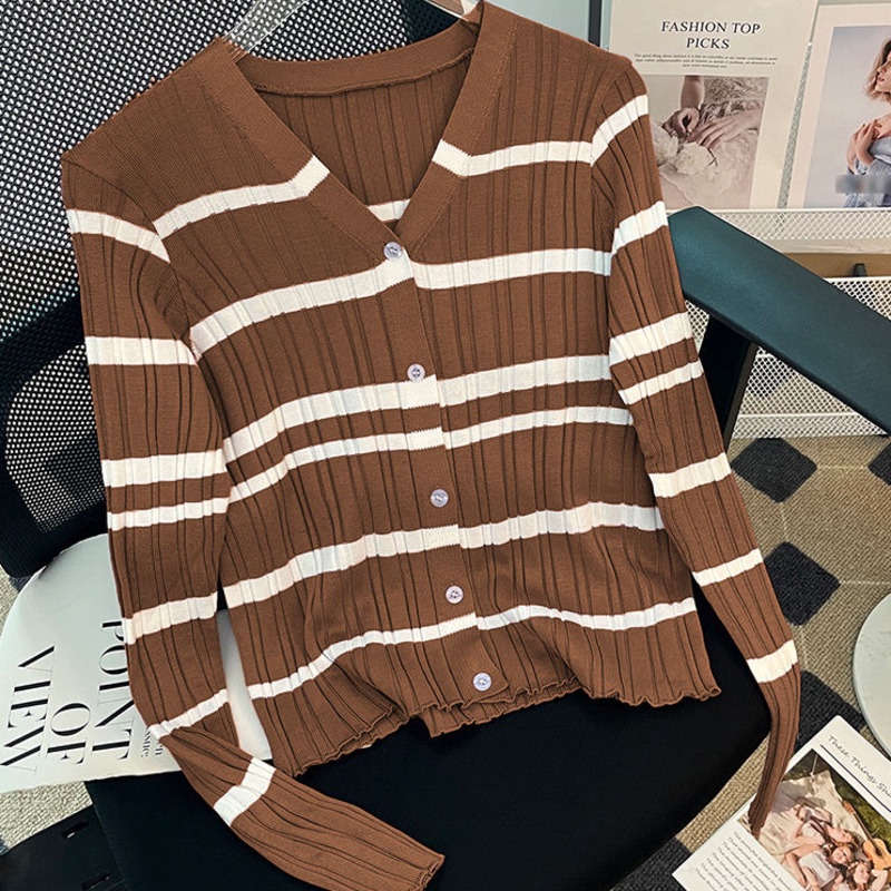 Áo cardigan Dệt Kim Cổ Chữ V Dáng Ôm Hoạ Tiết Kẻ Sọc Thời Trang Mùa Thu Dành Cho Nữ