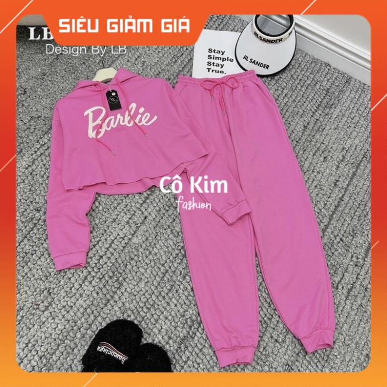 Set áo nỉ croptop có mũ barbie quần thể thao hot