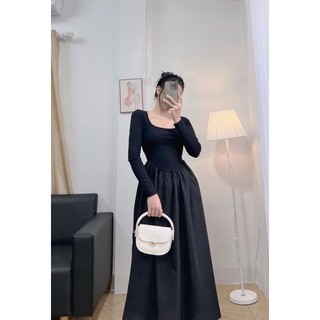 Váy tiểu thư cổ vuông cách điệu eo bồng tiểu thư
