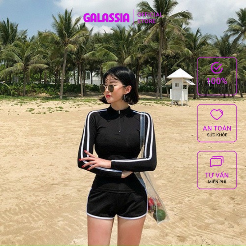 Bikini đi biển set đồ bơi nữ tay dài quần đùi kín đáo đen sọc trắng cao cấp tắm biển GÂLASSIA
