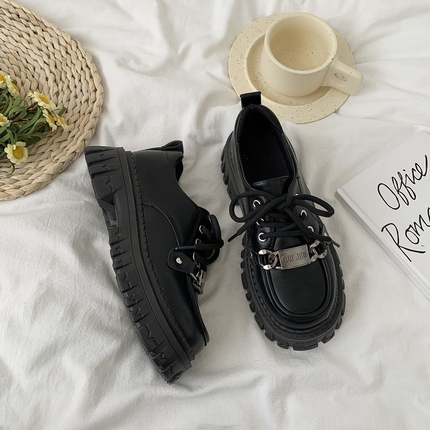 Giày Da Buộc Dây Đế Dày Màu Đen Phong Cách Hàn Quốc Thời Trang Mùa Thu Cho Nữ