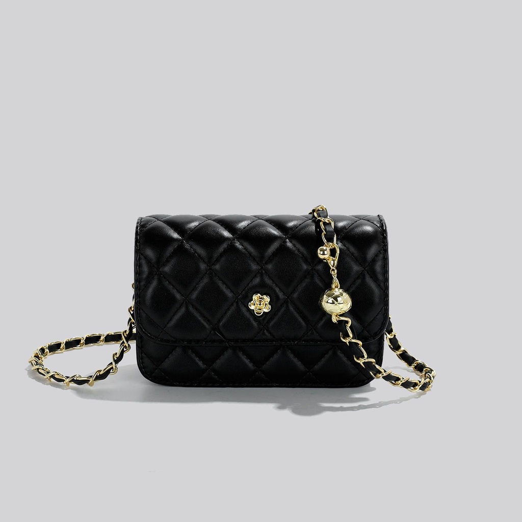 Túi Xách Đeo Chéo Hình Vuông Cỡ Nhỏ Màu Đen / Vàng Phối Dây Đeo Sợi Xích Thời Trang Hàn Quốc Cao Cấp Cho Nữ