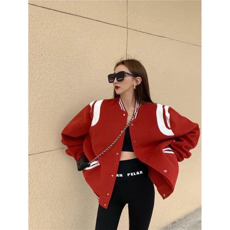 Áo Bomber Nam Nữ, Áo Khoác Bomber Màu Đỏ Chất Liệu Nỉ Cotton Phong Cách Trẻ Trung Cá Tính