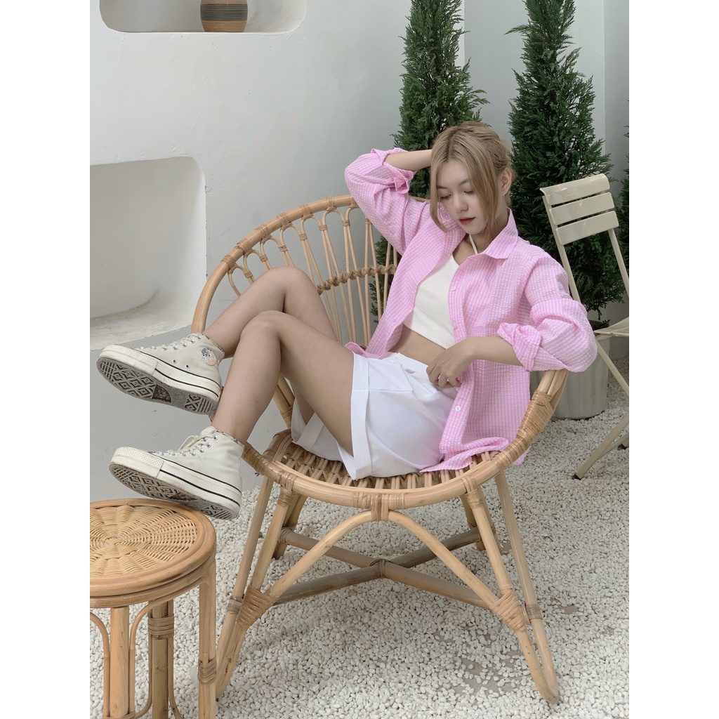 Áo Sơ Mi Nữ Kẻ Đuôi Tôm Kẻ Xốp Trơn Vải Xốp - Ao somi dài Tay dáng Thụng - AAG99 - SM003