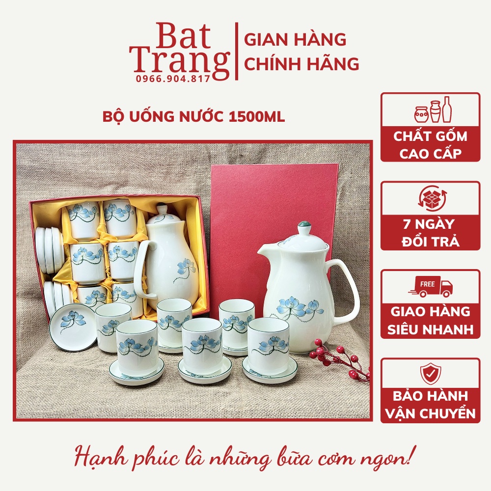 Bộ bình uống nước, uống trà men kem Bát Tràng cao cấp, dung tích 1,5L - tặng hộp đi kèm