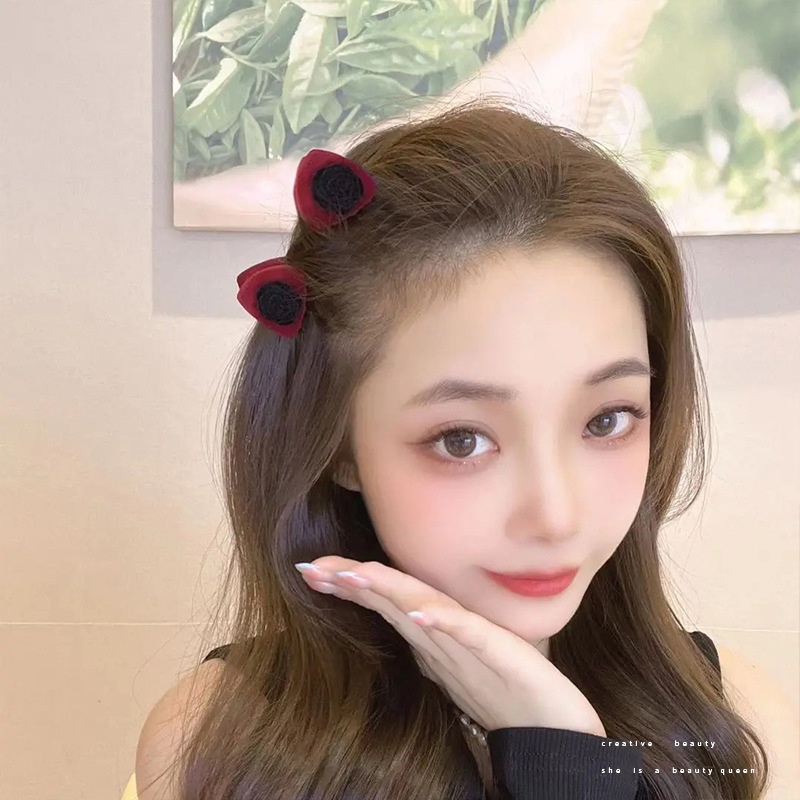 Set 2 Kẹp Tóc Hình Tai Mèo Đính Hoa Hồng Phong Cách Retro