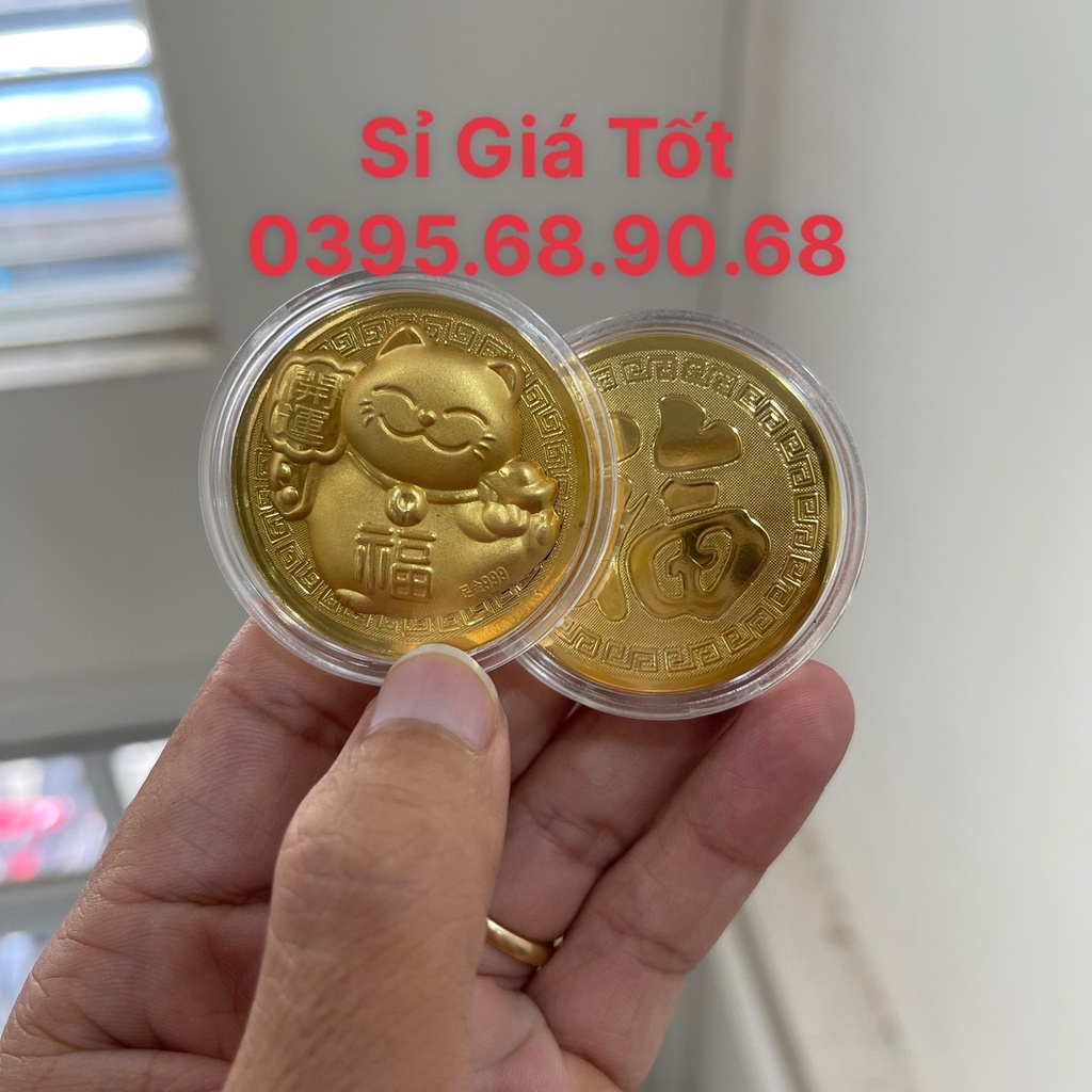 Sỉ Combo 10 Xu Lá Vàng Mèo Thần Tài May Mắn + Túi Gấm Phúc Lộc