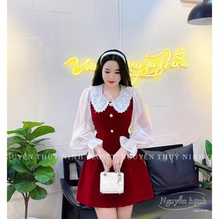 ĐẦM NHUNG CỔ TAY PHỐI TRẮNG
