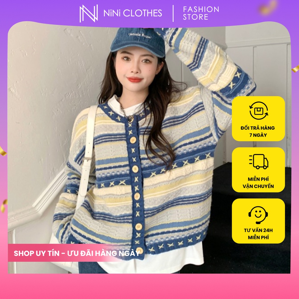 Áo khoác cardigan len nữ from rộng hoạ tiết Boho dễ thương chất len dày mềm mịn không chảy kiểu dáng Hàn Quốc Freesize