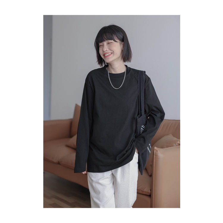 Áo Thun Cotton Tay Dài Cổ Tròn Dáng Rộng Màu Sắc Trơn Thời Trang Mùa Thu Cho Nam Và Nữ 220g