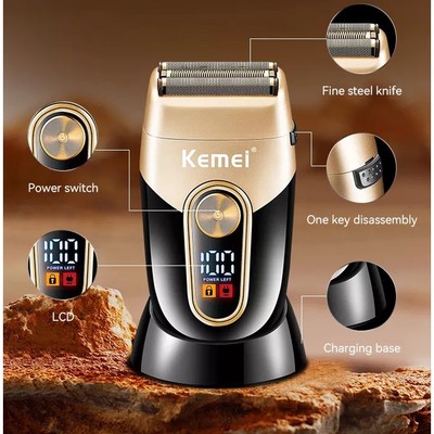 Máy Cạo Râu Kiêm Fade, Cạo Trắng Tóc 3 Lưỡi Kèm Giá Đỡ Cao Cấp Kemei Km 3209