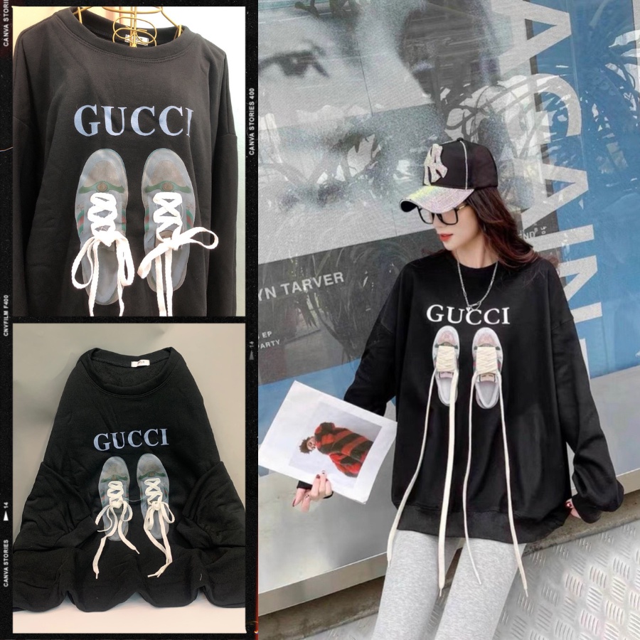 Áo nỉ dài tay nữ, áo sweater form rộng nữ hình đôi giày gucci chất dày ấm