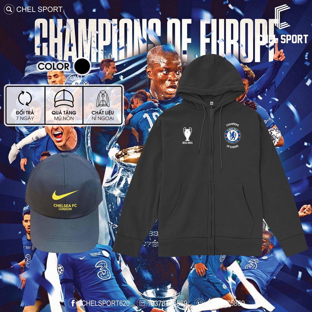Áo khoác nỉ x Mũ nón Chelsea Winner UCL 2012-2021 [ẢNH THẬT]