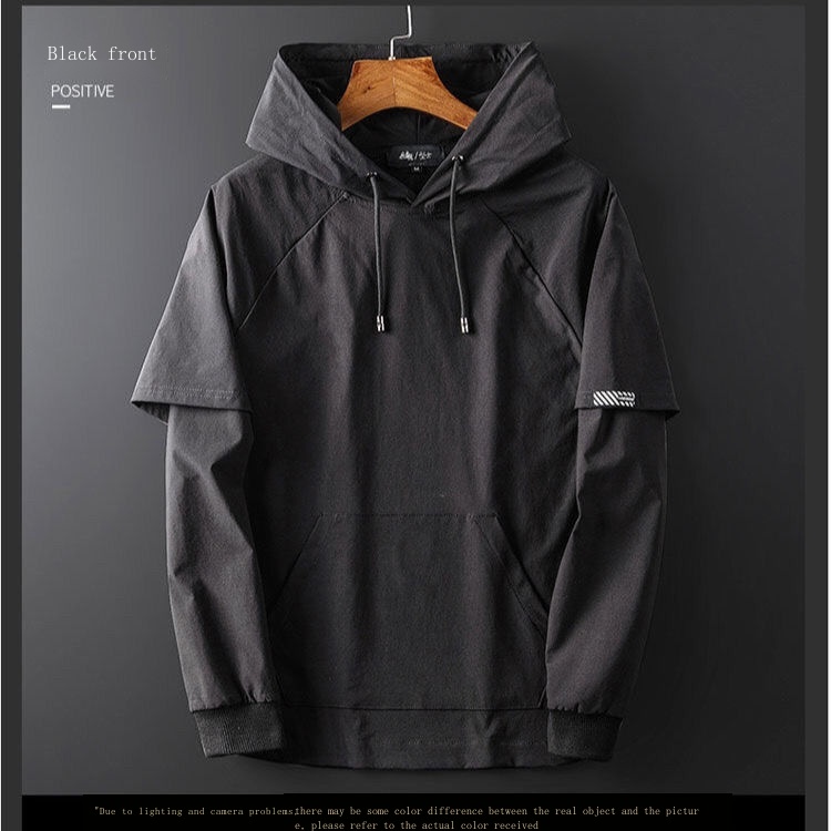 Áo Hoodie Giả Hai Lớp Tay Dài Dáng Rộng Màu Đen Phong Cách Hàn Quốc Thời Trang Mùa Thu Cho Nam Sinh