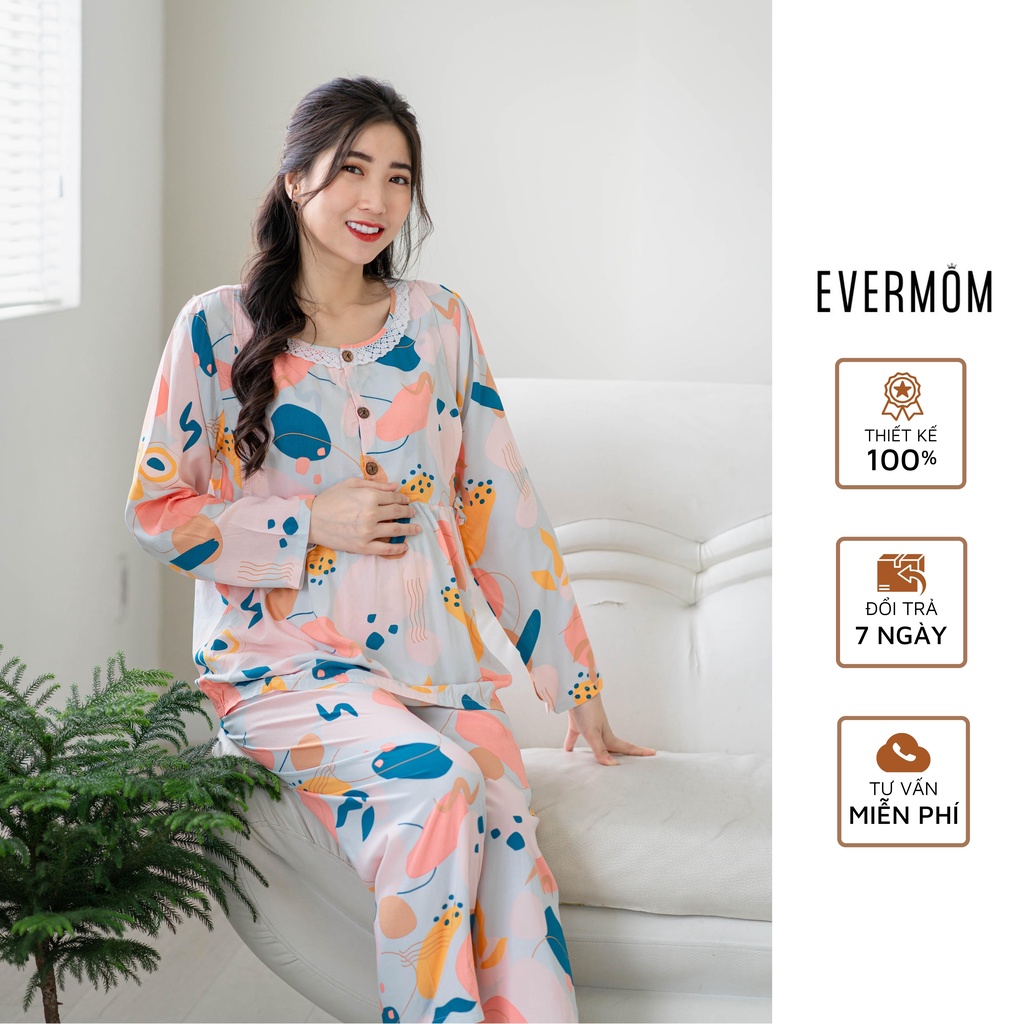 EVERMOM | Bộ quần áo tôn 2 da thái bầu 2in1 kết hợp sau sinh tay dài cài cúc mặc nhà