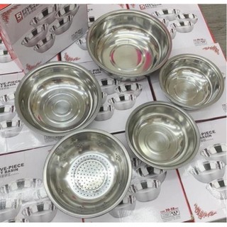 Bộ 5 thau rổ bằng inox gồm 5 kích thước 16cm, 18cm, 20cm, 22cm, 24cm dùng trong nhà bếp