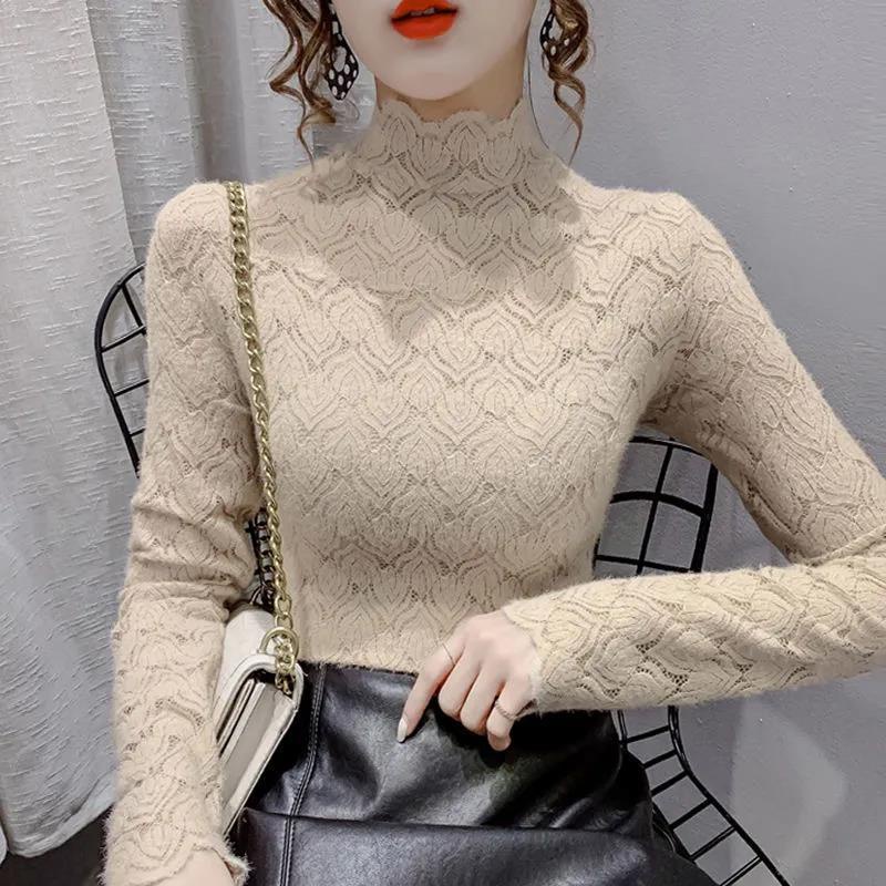 Áo Ren Cổ Lọ Tay Dài Vải Nhung Plus Phong Cách Phương Tây