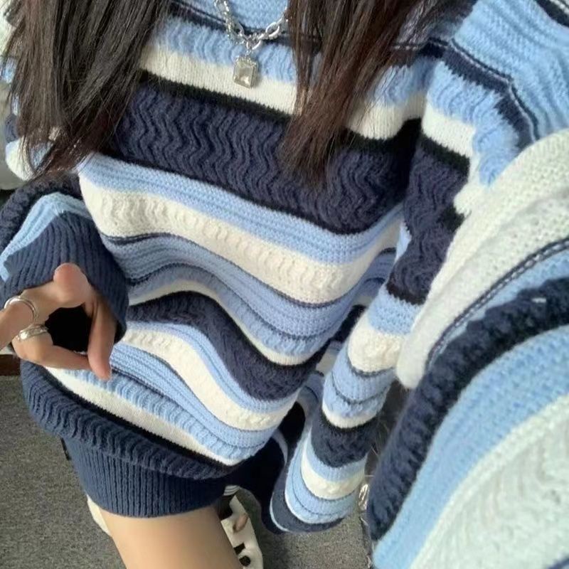 Áo Sweater Cổ Tròn Dáng Rộng Họa Tiết Kẻ Sọc Phong Cách Nhật Bản Thời Trang Thu Đông Mới Cho Nữ