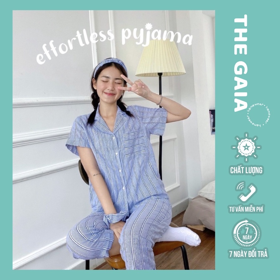 Bộ pyjama nữ mặc nhà THE GAIA cộc tay quần dài chất liệu vải thô cotton hoạ tiết sọc