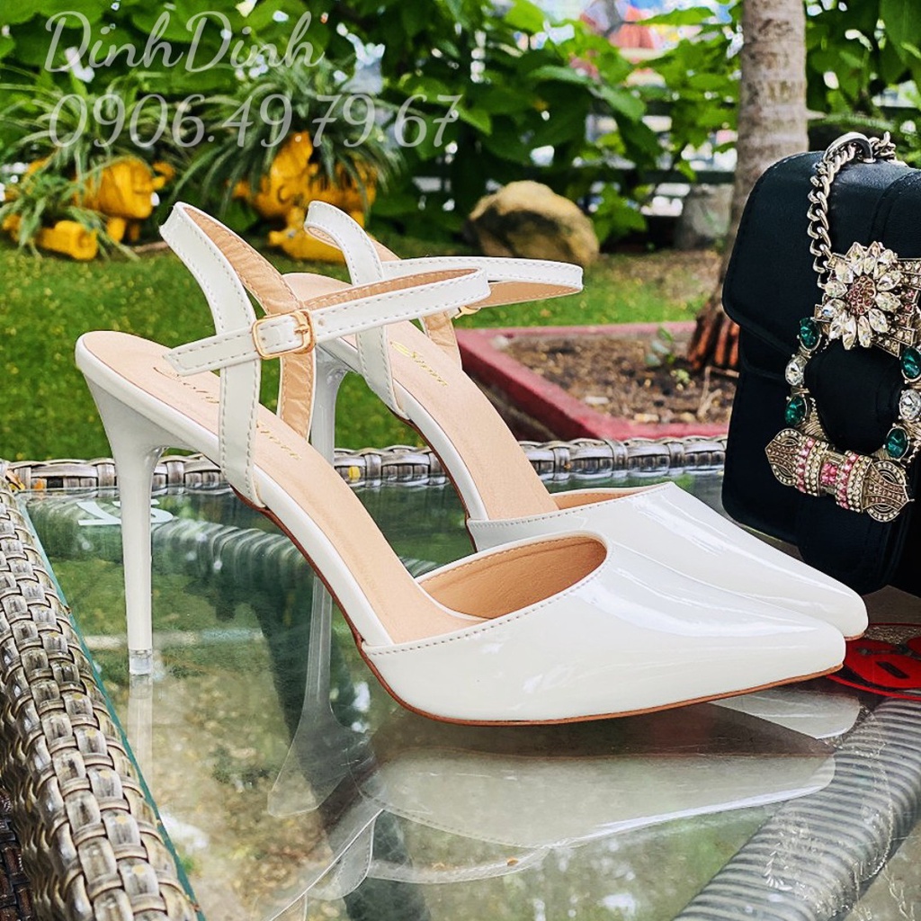 Giày Sandal cao gót nữ bít mũi, đế Pháp đỏ gót nhọn cao 9cm quai hậu khóa cài chất da bóng  - DinhDinh Store