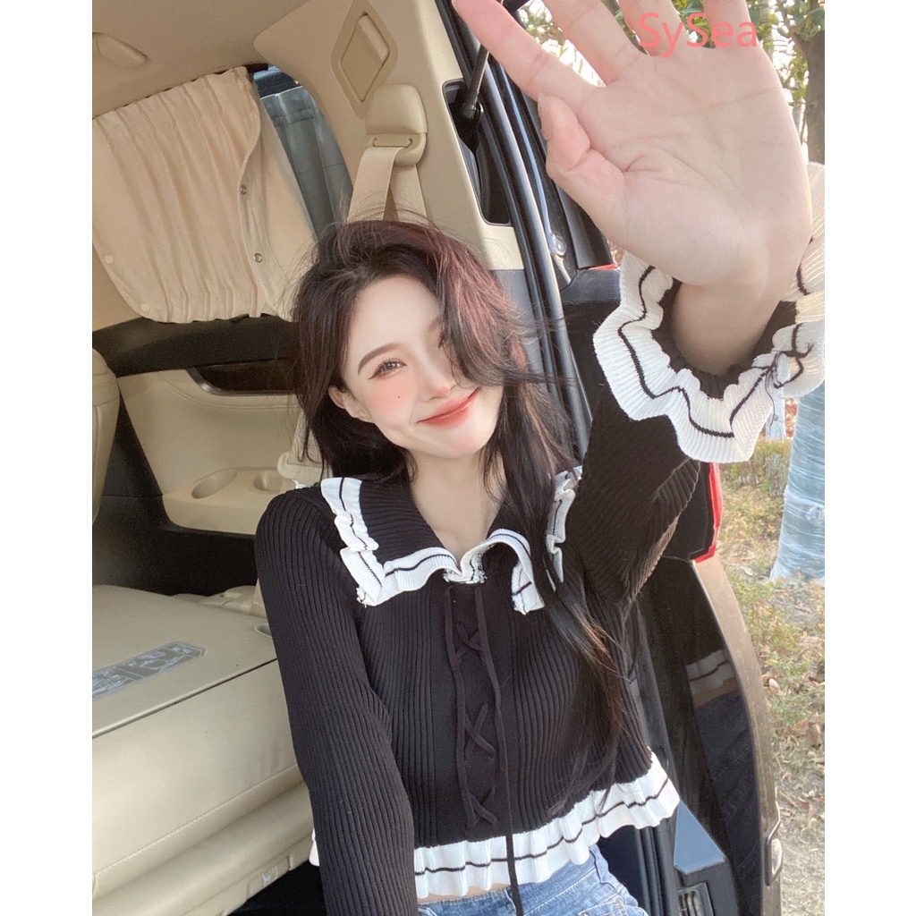 Áo Dệt Kim Phối Ren Dây Rút Thời Trang Mùa Thu Dành Cho Nữ