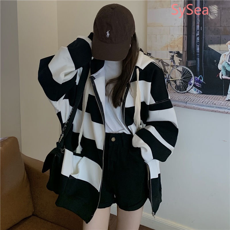 Áo Hoodie Form Rộng Họa Tiết Kẻ Sọc Phong Cách Hàn Quốc