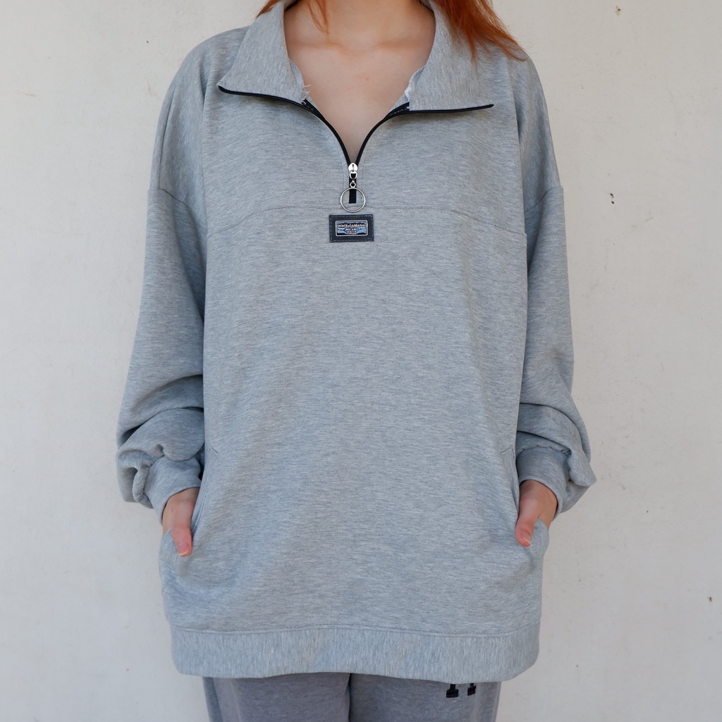 Áo polo nỉ tay dài, cổ cao, khóa kéo dạng khuyên