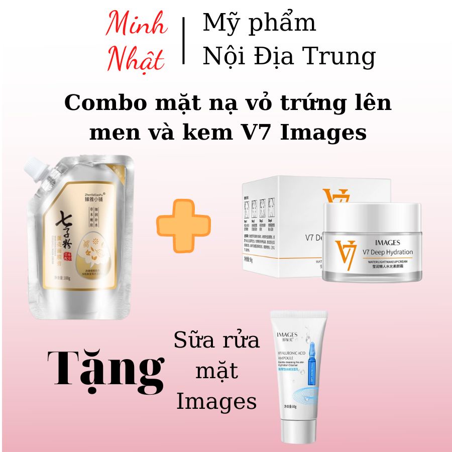 Combo mặt nạ vỏ trứng lên men nội địa Trung và kem dưỡng trắng dưỡng ẩm V7 Images tặng sữa rửa mặt I