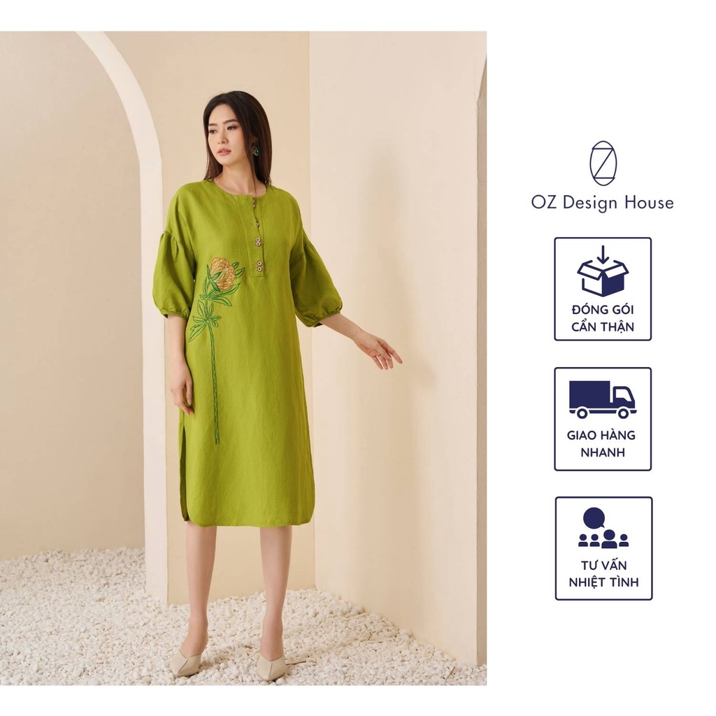 Đầm nữ OZ Design House DA06200AUT22 linen lụa cổ tròn bổ trụ thêu hoa cách điệu màu xanh lá