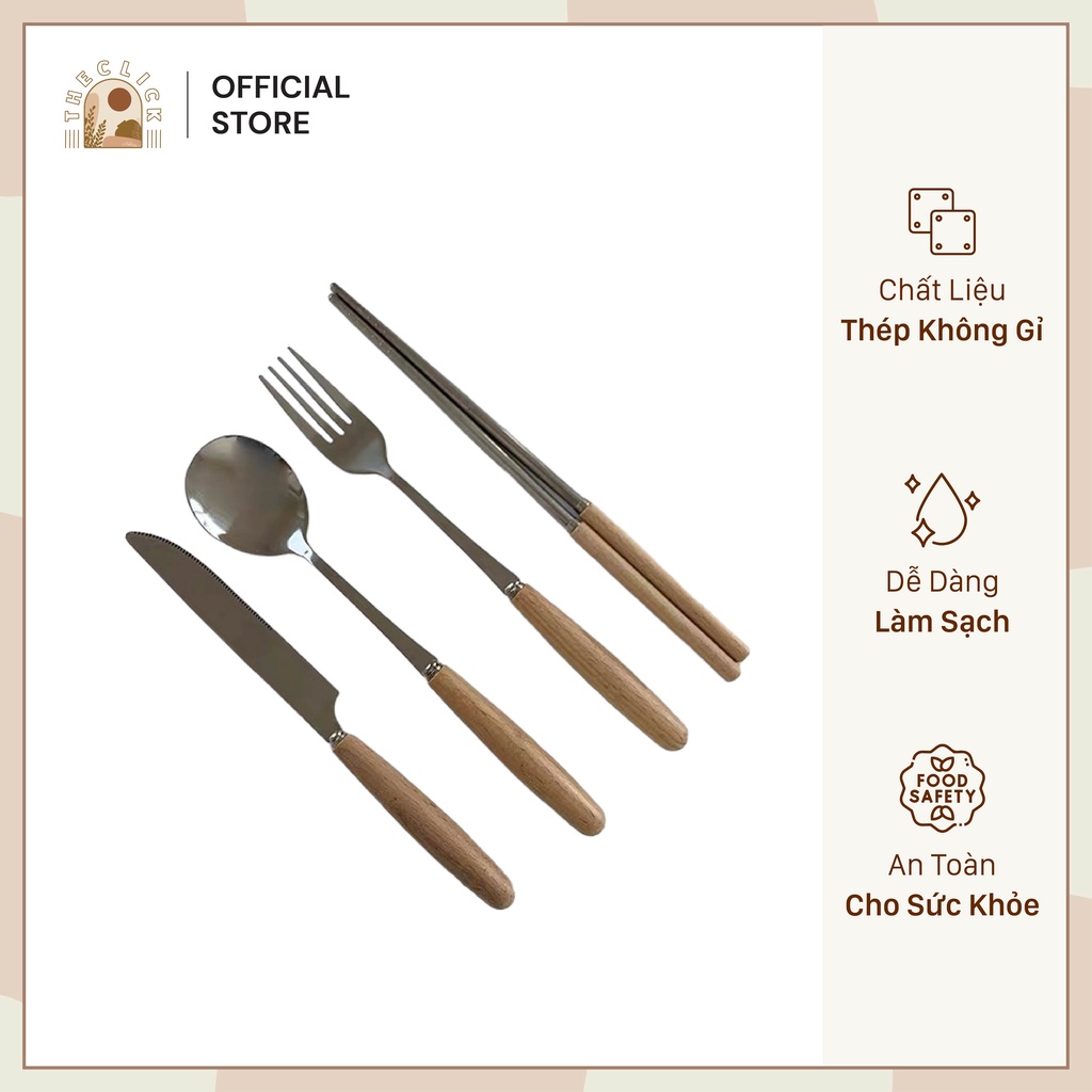 Bộ muỗng đũa cá nhân Hộp đựng đũa thìa Bộ thìa, đũa muỗng Nĩa gỗ inox 304 Bộ đũa thìa văn phòng