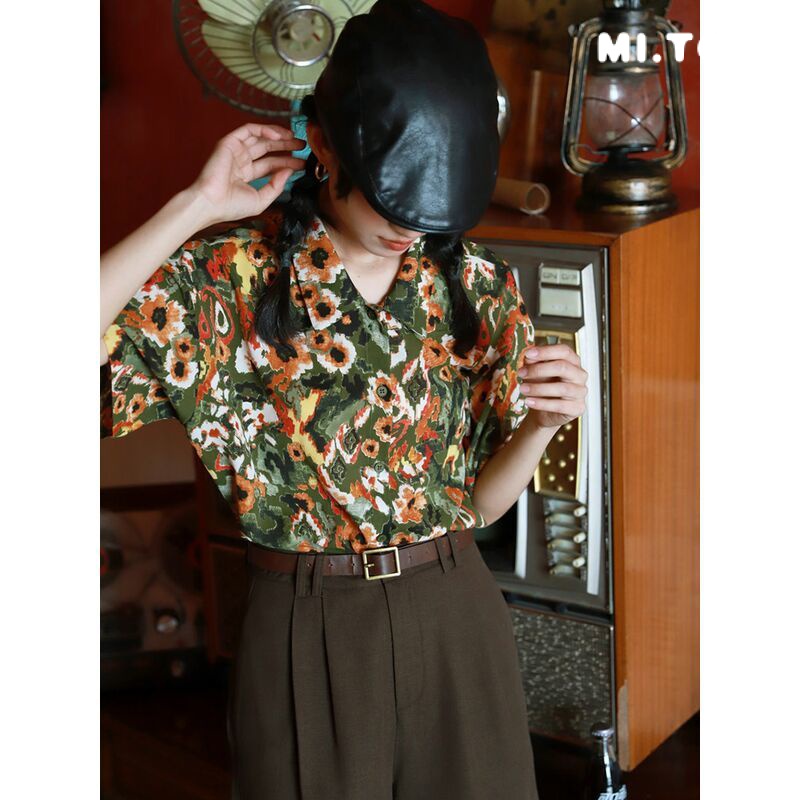 Áo Sơ Mi Tay Ngắn Dáng Rộng In Họa Tiết Phong Cách Retro Thời Trang Cho Nữ