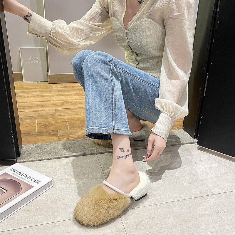 Dép cotton Bít Mũi Phối Lông Thỏ Gót Dày Mũi Tròn Thời Trang Thu Đông 2022 Mới Cho Nữ