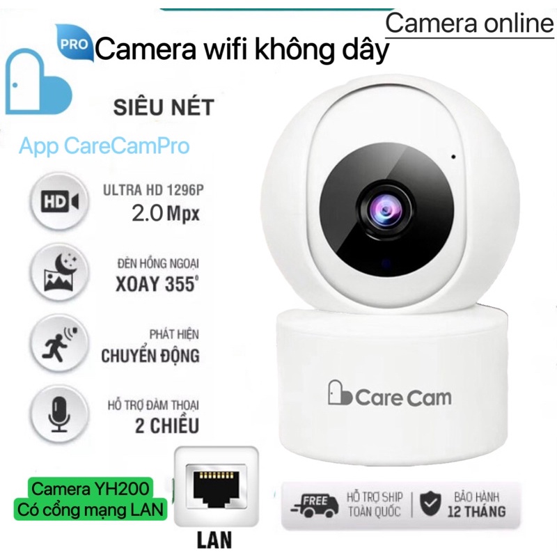 Camera wifi trong nhà xoay 360 độ CARECAM 2.0 Mpx full HD1080 - đàm thoại 2 chiều, phát hiện - hồng ngoại ban đêm