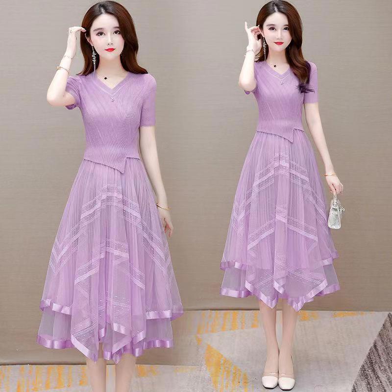 Đầm Dệt Kim Tay Ngắn Dáng Chữ A Phối Lưới Thời Trang Mùa Hè Xinh Xắn Cho Nữ