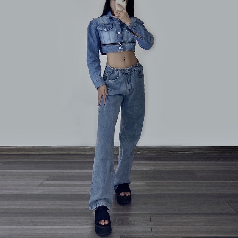 set áo khoác jacket bò jeans croptop và quần bò cạp thấp cao dài thụng ống rộng tôn eo jeans basic