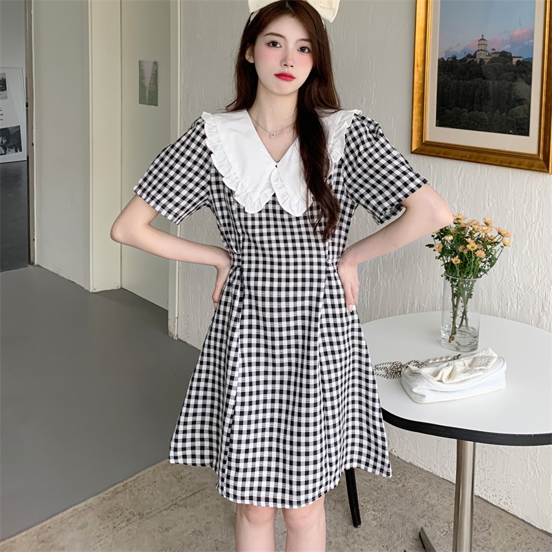 Đầm Nữ Tay Ngắn Cổ Búp Bê Họa Tiết Caro Đa Năng Phong Cách Hàn Quốc