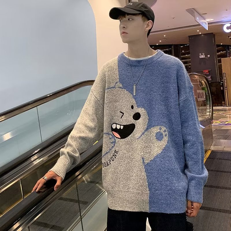Áo Sweater Dệt Kim Tay Dài Dáng Rộng In Hoạt Hình Kiểu Hồng Kông Thời Trang Cho Nam Tf1
