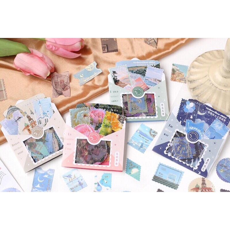 Túi 45 sticker stamp viền vàng Vintage,Hình dán trang trí sổ tay, hộp ...