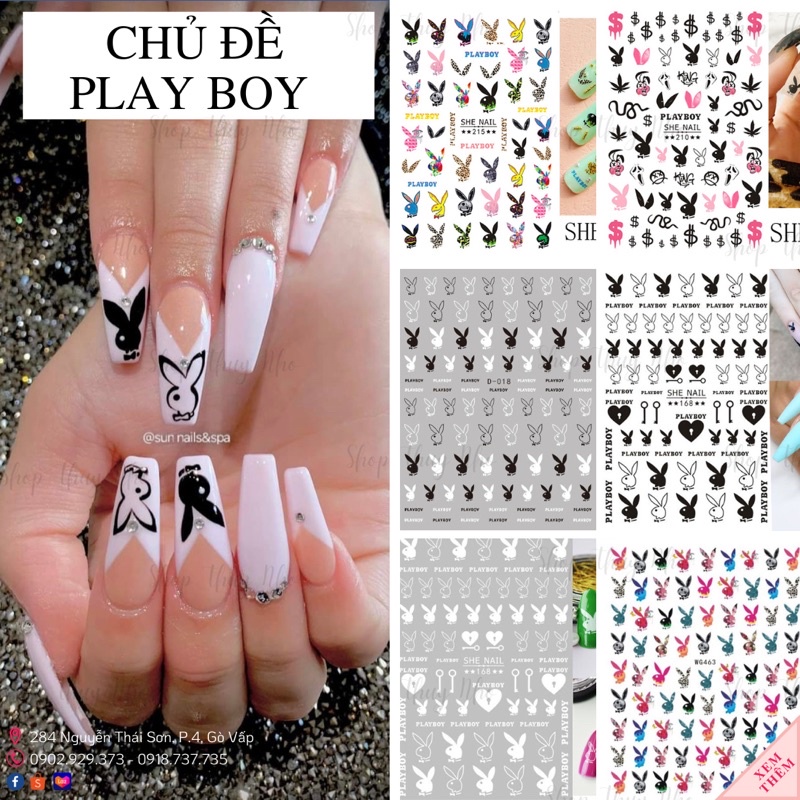 Sticker, hình dán móng tay hoạ tiết con thỏ Playboy logo thương hiệu trang trí móng tay nghệ thuật chuyên nghiệp nail