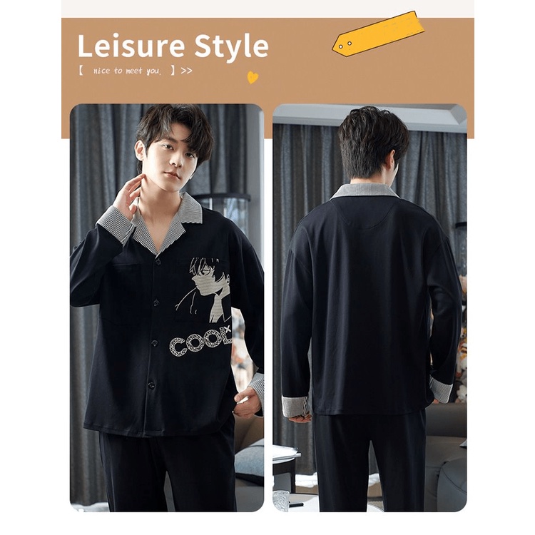 Bộ Đồ Ngủ Áo Thun Cotton Mỏng Tay Dài + Quần Dài Thời Trang Cho Nam