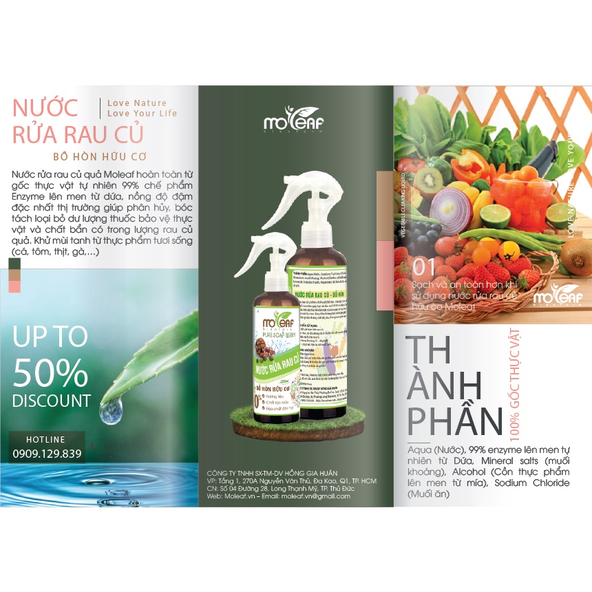 Nước RỬA RAU CỦ QUẢ Hữu Cơ Moleaf Enzyme Lên Men Tự Nhiên Từ Dứa Và Bồ Hòn An Toàn Cho Da Tay Và An toàn sức khỏe 250ml